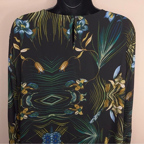 XL COUNTERPARTS BLACK FLORAL TROPICAL PRINT BLOUSE  LONG SLEEVE GREEN - Picture 5 of 13